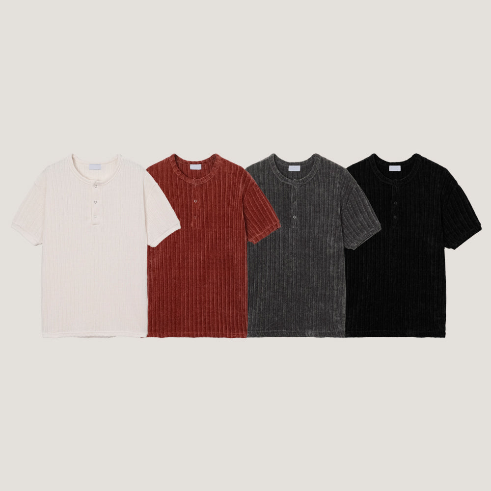 Velour Henley Neck Short-Sleeve T-Shirt